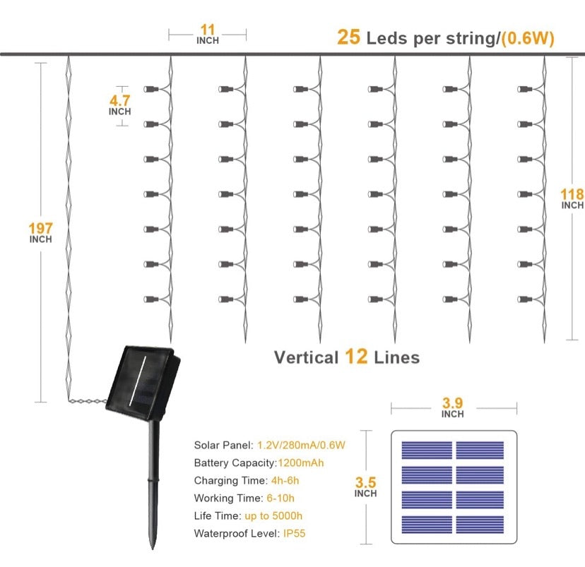 300LED Solar Curtain String Lights Wedding Holidays Party String Lights Waterproof Outdoor Indoor Christmas Light Fairy Lights for Window, House, Lawn, Garden, Patio Landscape Decoration