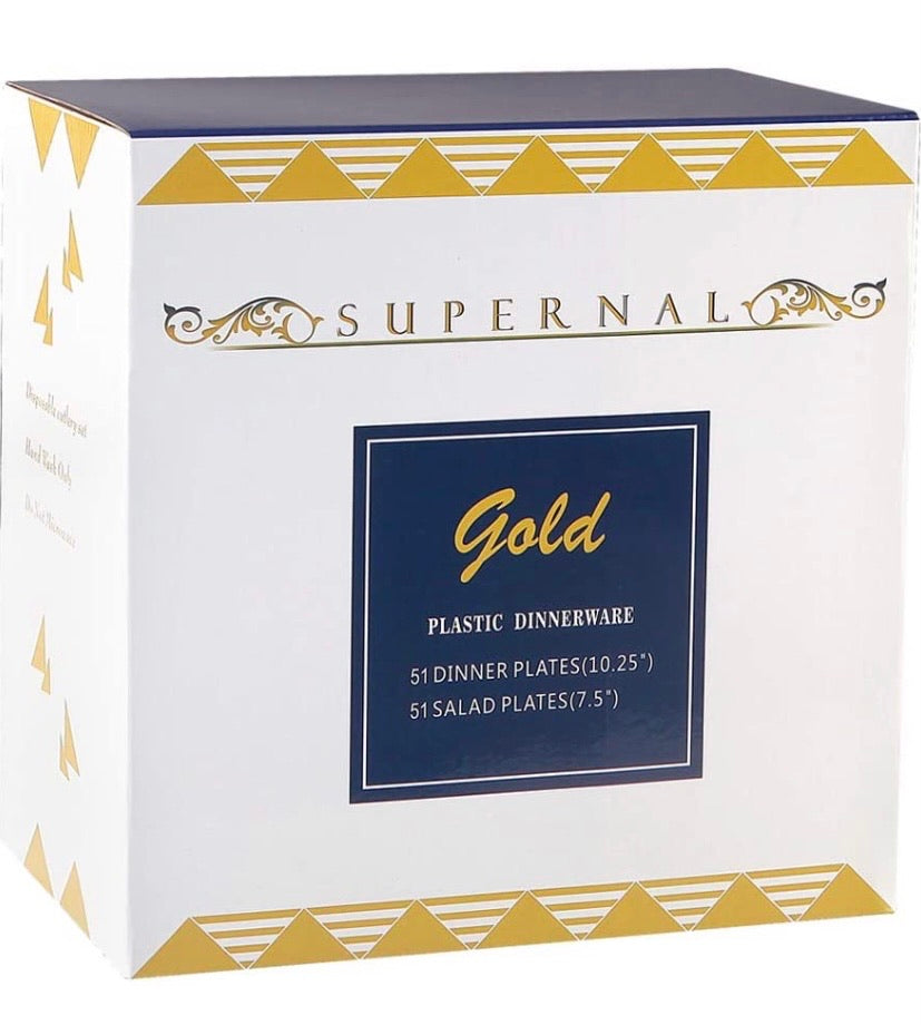 102 pcs Gold Plastic Plates, Disposable Party Plates, Gold Rimmed White Plates, Premium Heavyweight Plates for Wedding, Easter Include 51 Dinner Plates, 51 Dessert Plates, Supernal