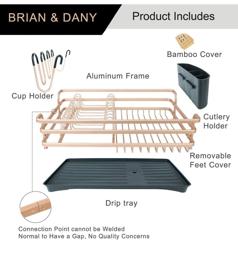 Aluminium Dish Drying Rack, Never Rust Dish Rack with Removable Cutlery Holder &Cup Holder (Rose Gold)
