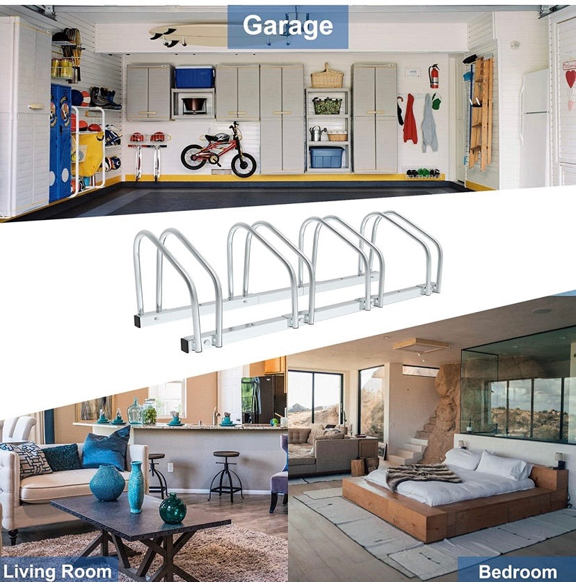 Steel Bike Stand for 4 Bikes, Silver Floor Bike Rack for Garage, Family Bike Rack, Floor and Wall Mount, 99 x 32 x 26 cm, Indoor and Outdoor Bicycle Holder