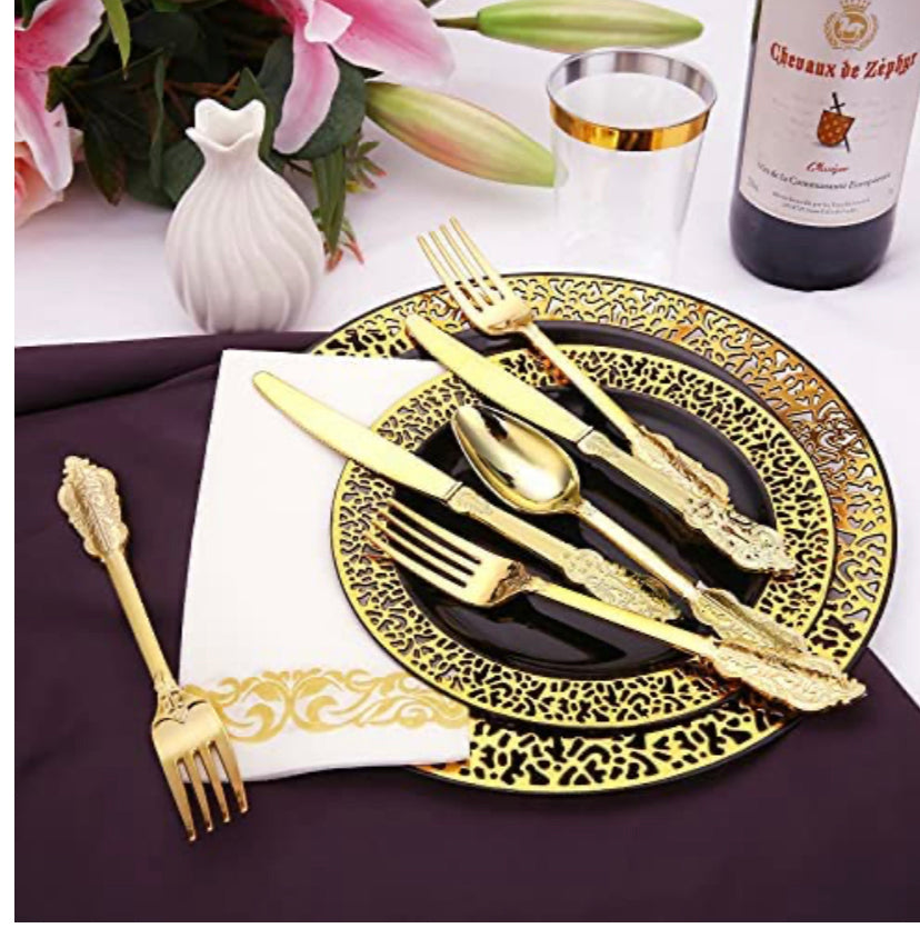180pcs Black and Gold Plastic Plates with Gold Plastic Silverware