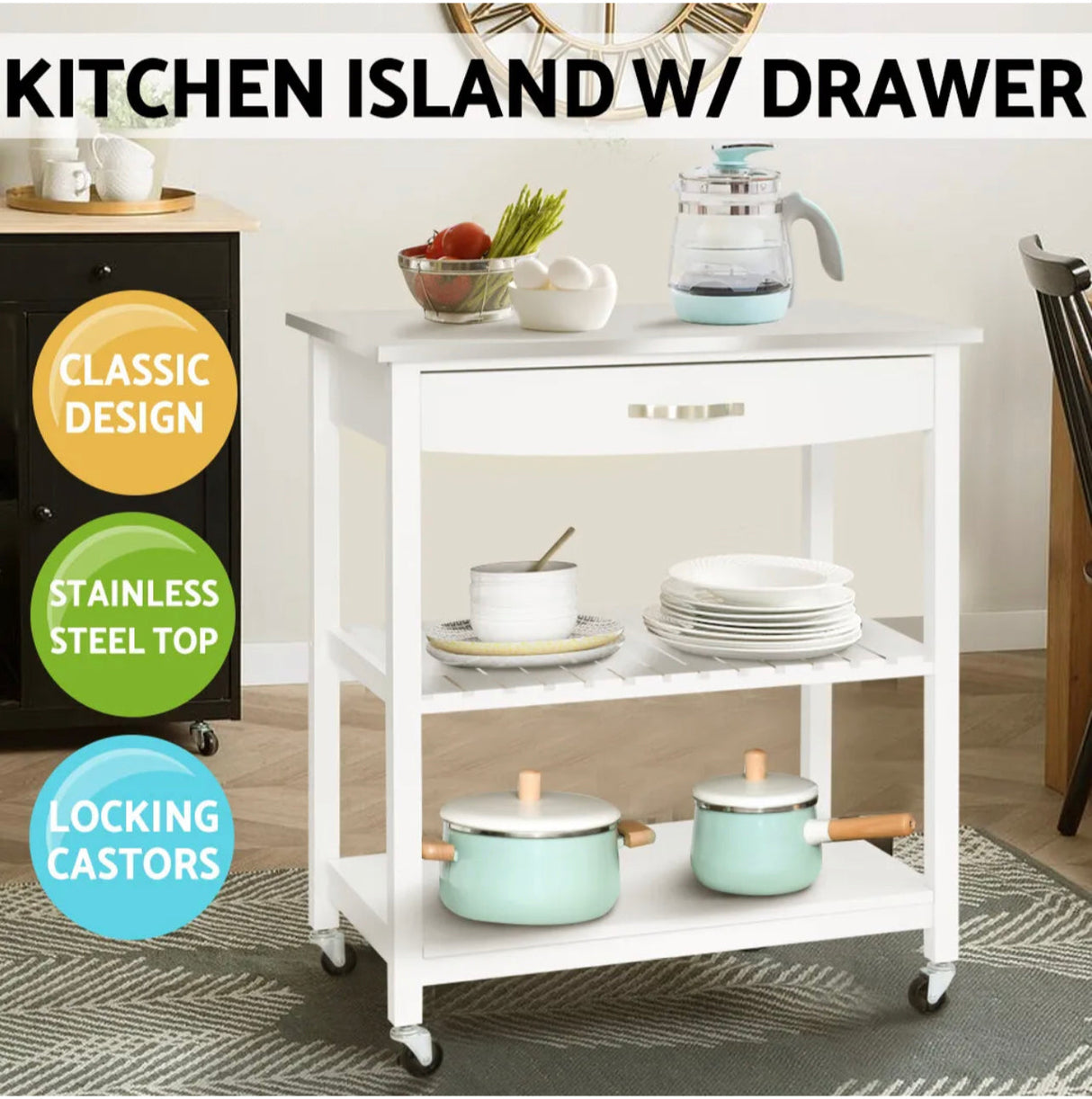 Kitchen Trolley Cart Island Stainless Steel Countertop Locking Wheels White