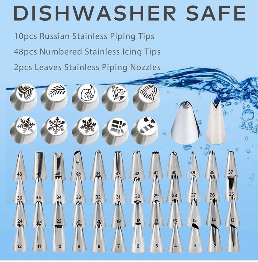 Cake Decorating Supplies Kit, Set of 216, Baking Pastry Tools, Cake Turntable, Cake Leveller, Numbered Icing Tips with Pattern Chart, Angled Spatula, 10 Christmas Piping nozzles-Baking Tools