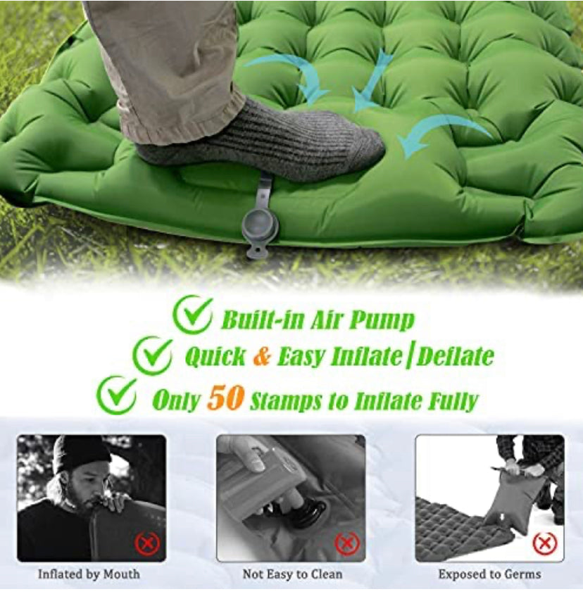 Camping Self-Inflating Air Sleeping Pad Mat Foot Pump with Pillow, Great Compact Air Sleeping Pad for Tent Travel, Backpacking, Hiking, Sleeping Over (Green)