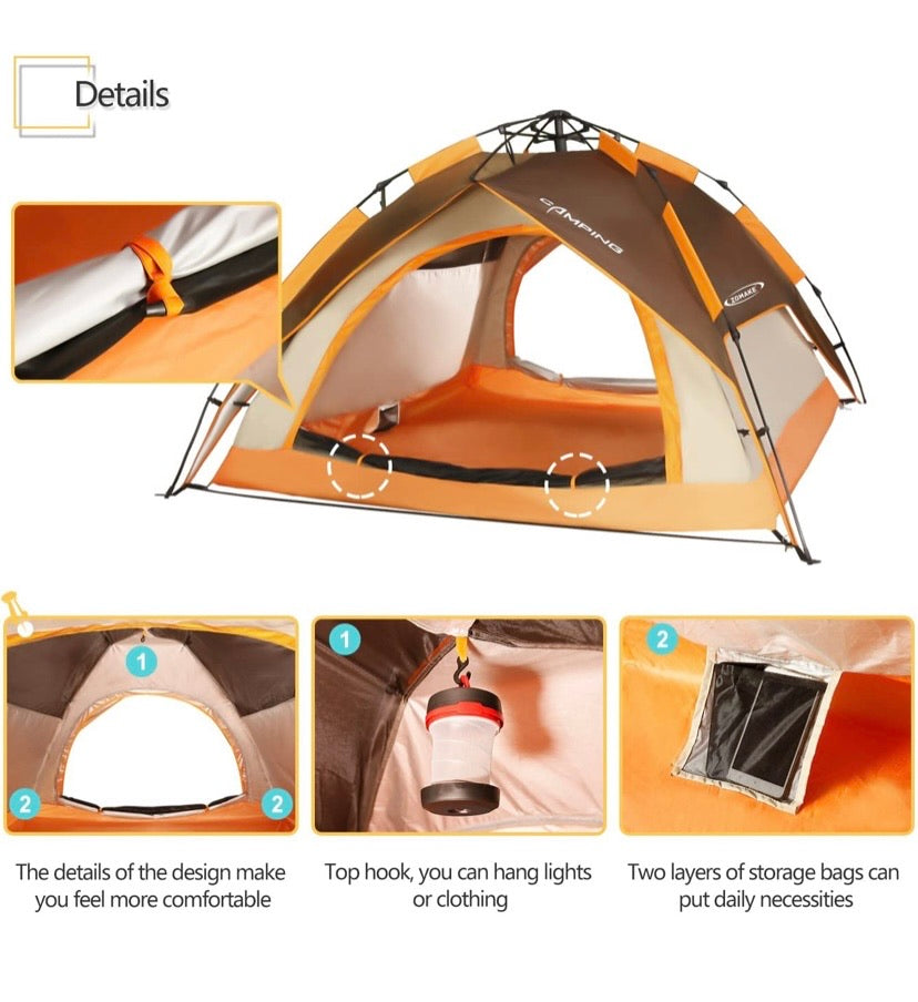 Automatic Camping Tent 2 3 Person - Portable Dome Quick Up Tent (Brown)