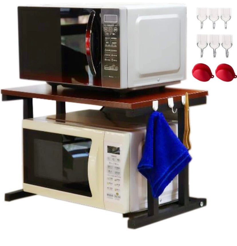 2 Tier Microwave Oven Rack Tableware Storage Toaster Oven Shelf Kitchen Counter Storage Bracket Kitchen Shelf Cabinet Organisers Spice Holder Pan Rack with 6 Hooks(Black)