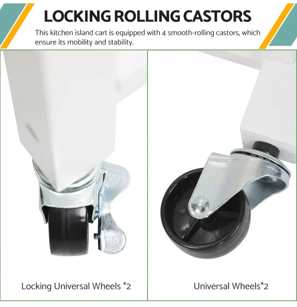 Kitchen Trolley Cart Island Stainless Steel Countertop Locking Wheels White