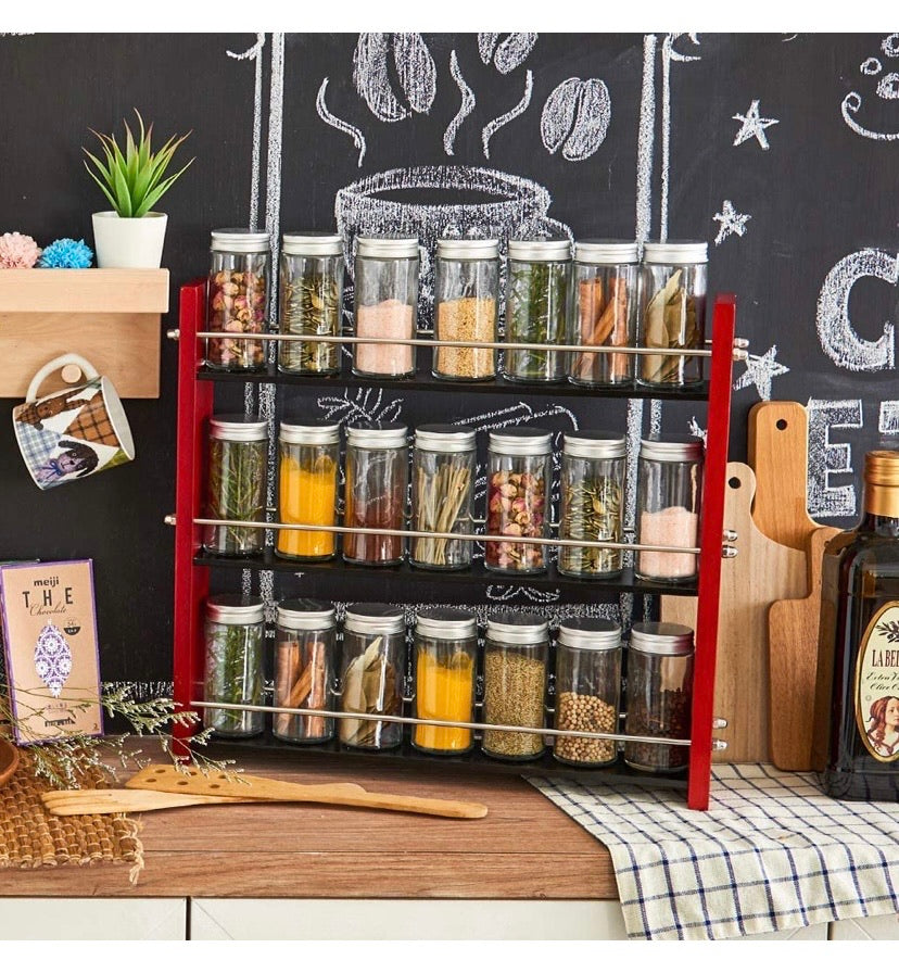 Wood Spice Rack with 21 Empty Jars and Labels, 3 Tier Freestanding Organizer Shelf Display Stand with Rails for Countertop, Cabinet, Kitchen, Pantry - Red and Black