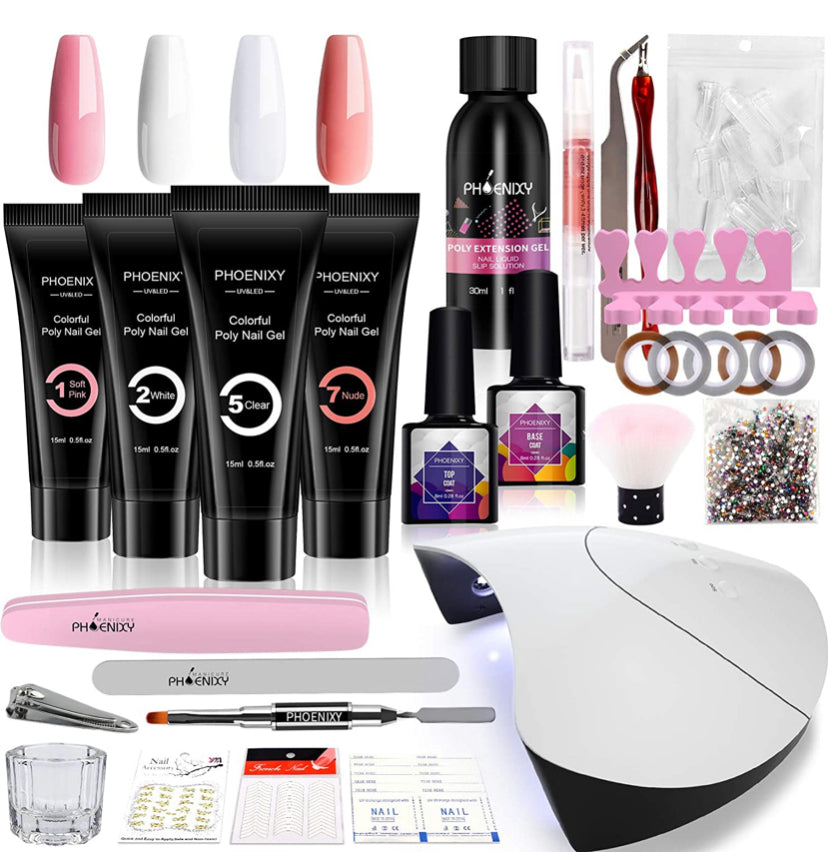 Poly Nail Gel Kit with 36W LED UV Nail Lamp Phoenixy 4 Colours Poly Nail Extension Gel Slip Solution Basic Nail Art Tools All In One Kit for Nail Manicure Beginner Starter Gift