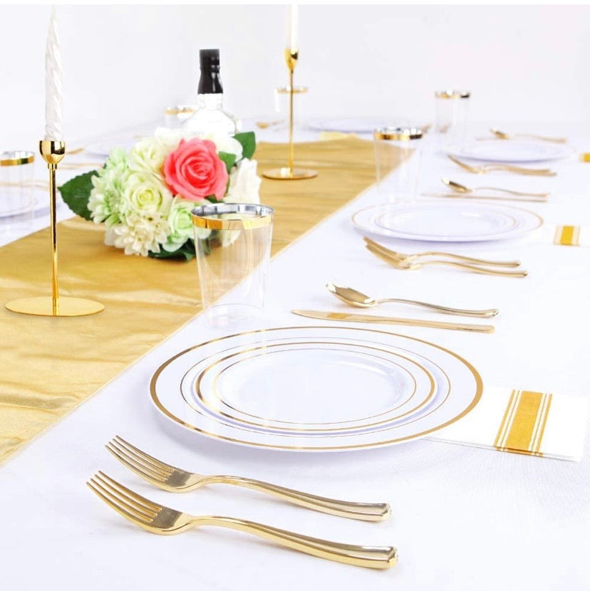 200 Pieces Disposable Dinnerware Set Include Gold Plastic Plates, Gold Plastic Silverware, Gold Plastic Cups, Linen Like Paper Napkins, Service for 25 Guests, Enjoylife (Gold)