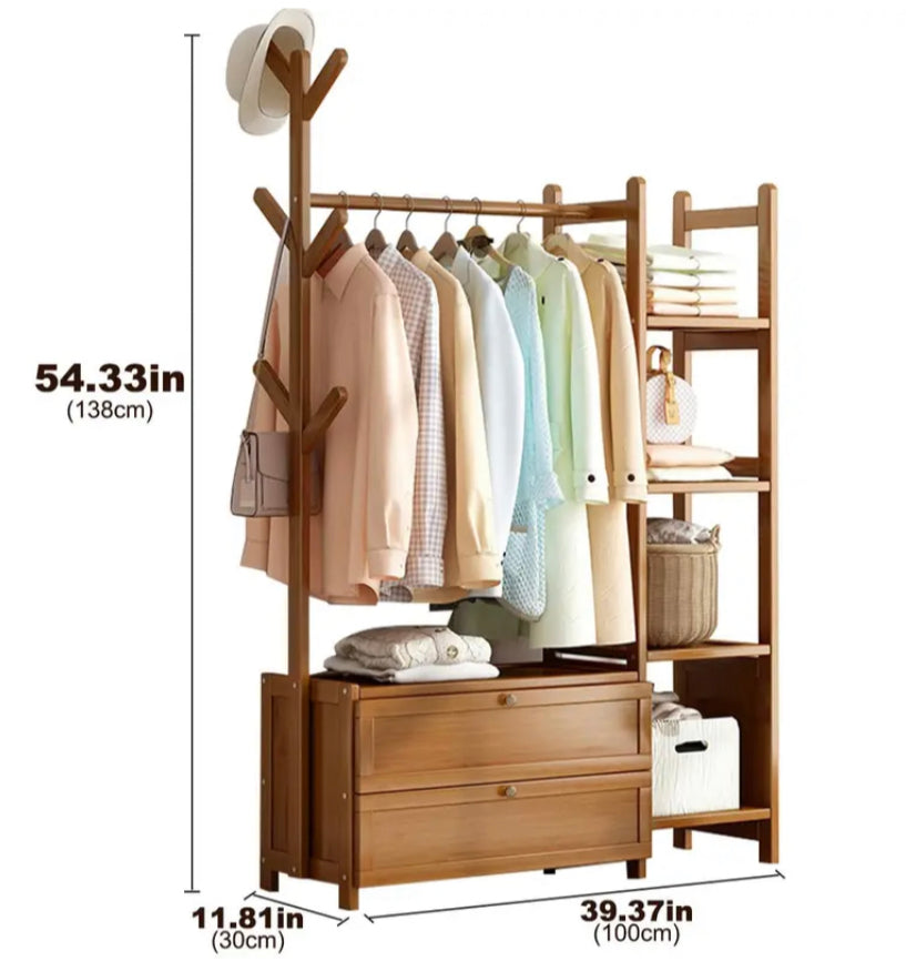 Solid Wood Coat Rack Stand Clothes Hanging Rail Rack Shelf Closet Hooks Storage Shelf