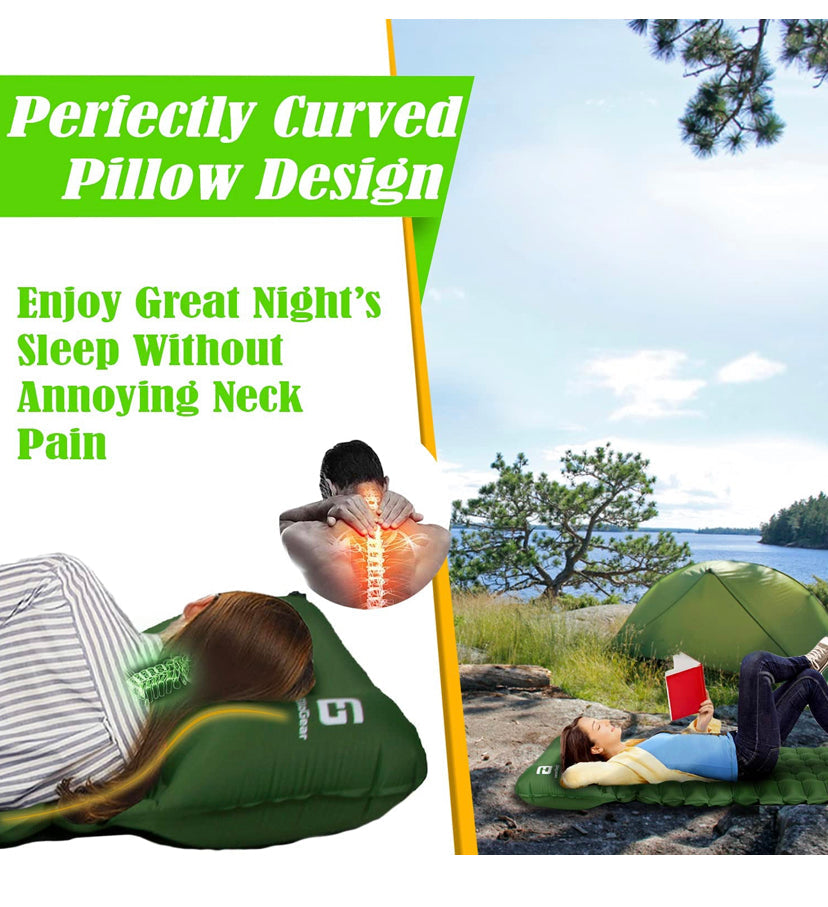 Camping Self-Inflating Air Sleeping Pad Mat Foot Pump with Pillow, Great Compact Air Sleeping Pad for Tent Travel, Backpacking, Hiking, Sleeping Over (Green)