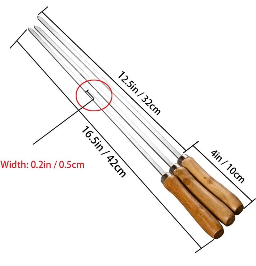 17” Flat Blade Barbecue Shish Kebab Skewers Stainless Steel with Wooden Handle, Set of 6