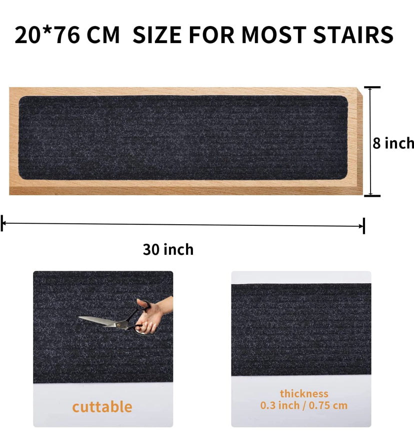 Non-Slip Carpet Stair Treads Non-Skid Safety Rug Slip Resistant Indoor Runner for Kids Elders and Pets with Reusable Adhesive, Brown, Gray, Black 8" X 30" (15 in Pack)