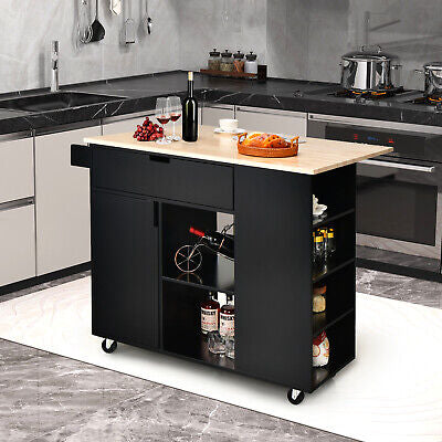 Black Drop-Leaf Rolling Kitchen Island with Cabinet
