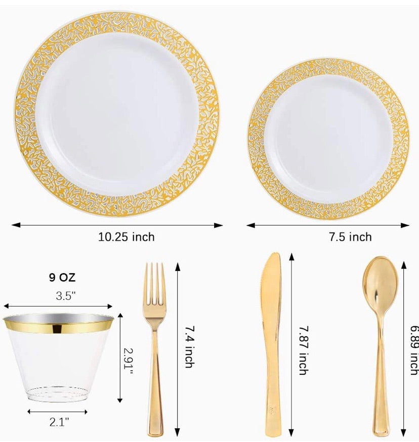 180pcs Plastic Gold Lace Plates, Durable Wedding Plates and Cutlery Set