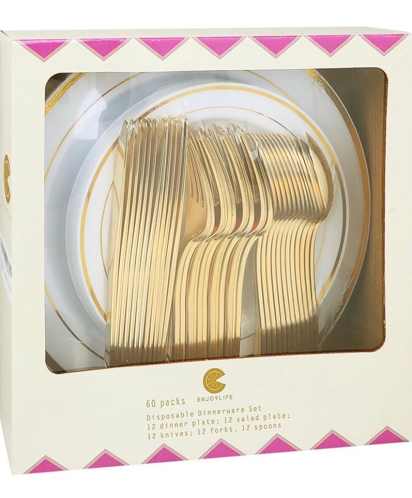 Plastic Gold Plates with Gold Plastic Silverware 60 Pcs