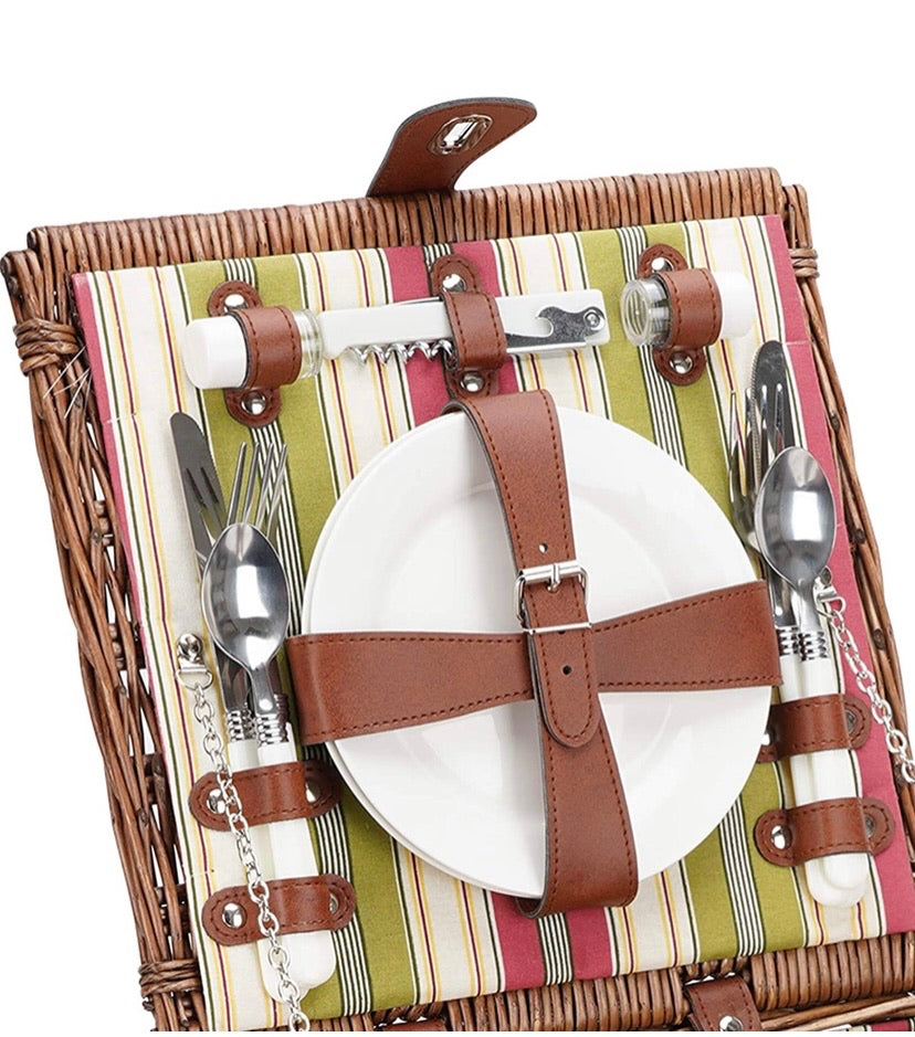 Picnic Basket for 2 Person, Durable Wicker Picnic Hamper Set, Willow Picnic Basket Accessories Plates and Utensils, Perfect Wedding, Anniversary or Birthday Gift (Green Stripe)