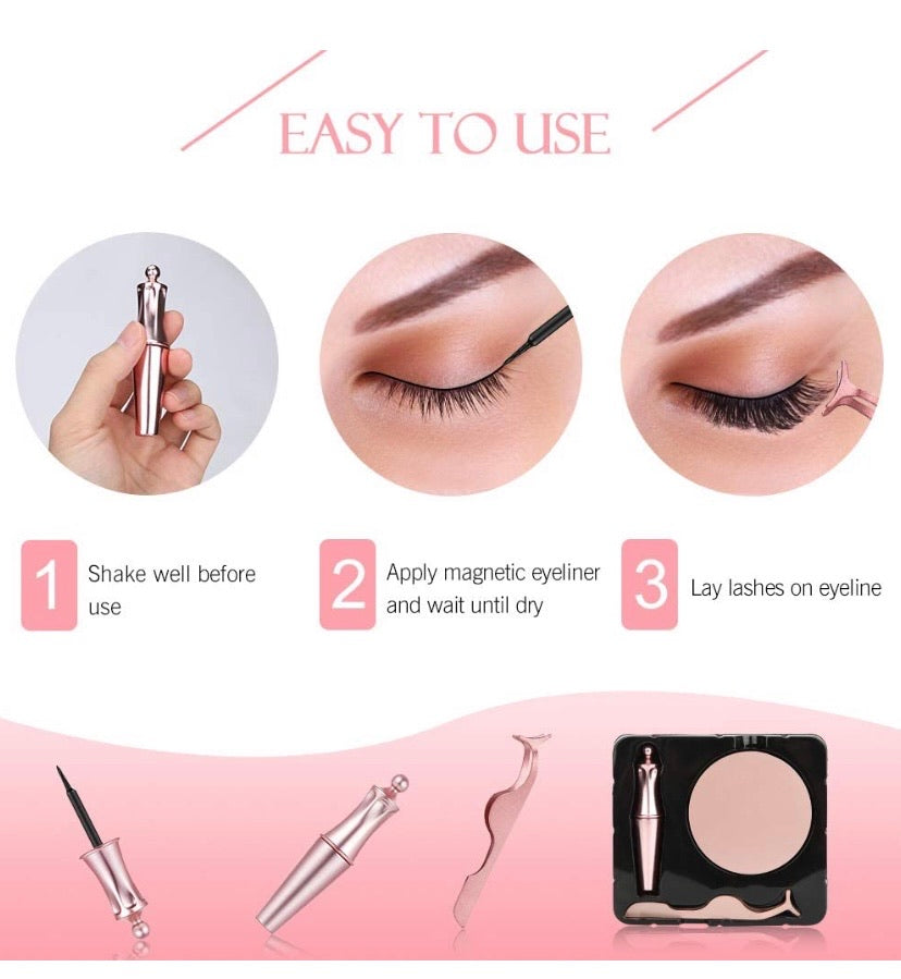 Magnetic Eyeliners and Eyelashes kit, 2 Pairs Natural and Reusable Eyelashes with a Tweezer and Fashion Mirror Kit, Your Fast Eye-Makeup Helper