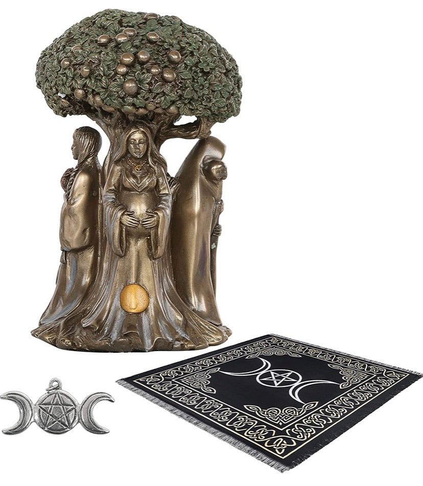 Sarimoire Altar Tarot Cloth Goddess Statue Tree of Life 5.5 in Cold Cast Bronze Statue Wicca Supplies Triple Moon Pentagram Pentacle Pendant Altar Supplies Kit