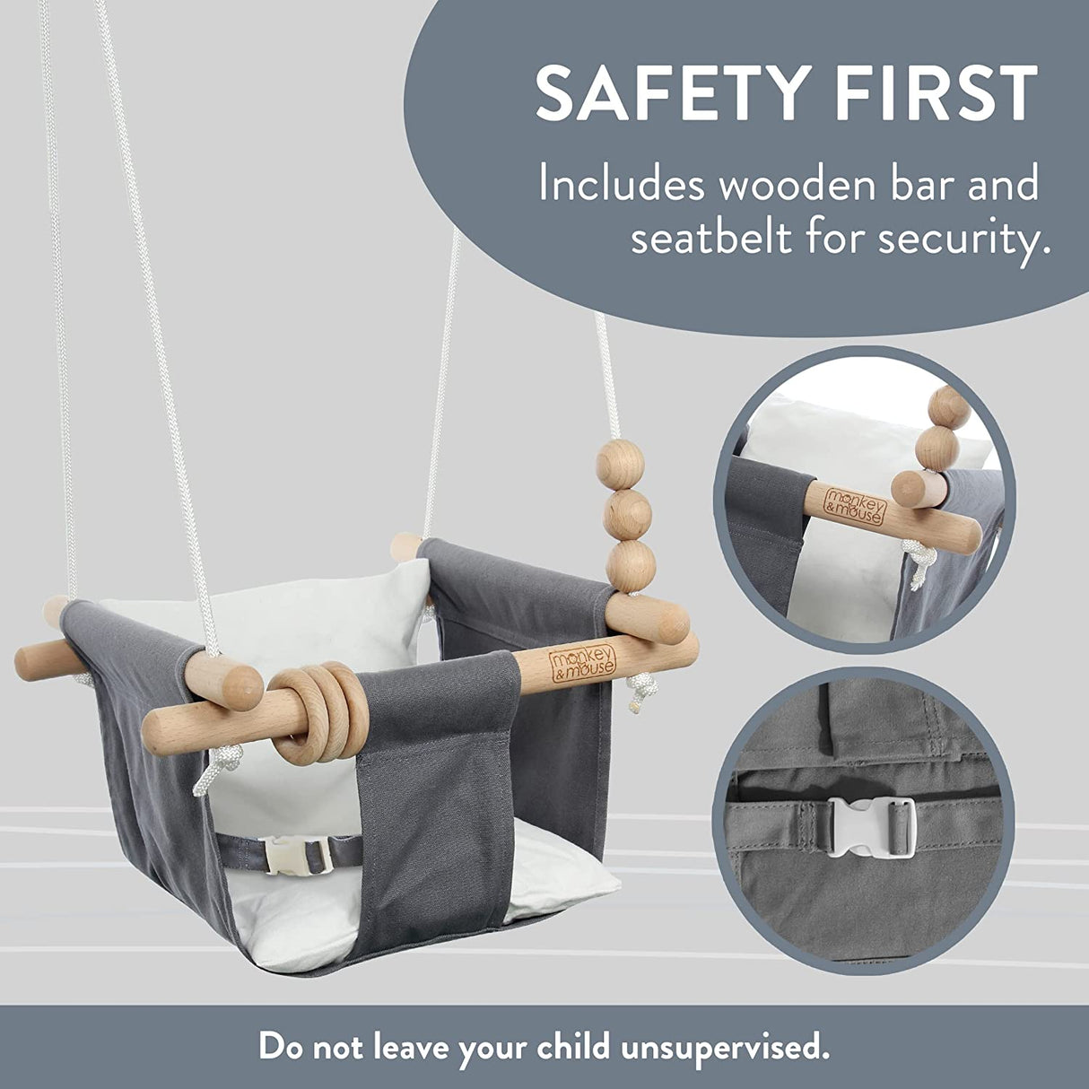 Monkey & Mouse Secure Canvas and Wooden Hanging Swing Seat Chair with a Baby, Infant, Toddler, Kids Toys - Indoor and Outdoor Hammock, for Tree Swings or Backyard Outside Swing Set Use for Infants