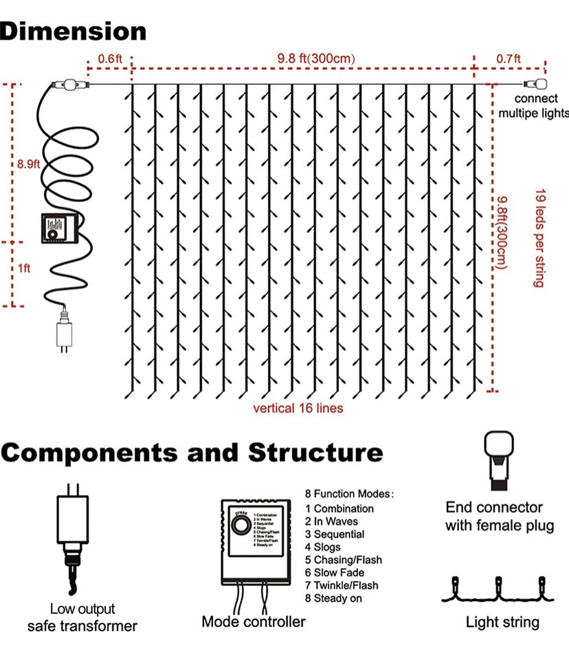 304 LED Curtain String Lights, 9.8 x 9.8 ft, 8 Modes Plug in Fairy String Light with Remote Control, Christmas, Backdrop for Indoor Outdoor Bedroom Window Wedding Party Decoration, Blue.