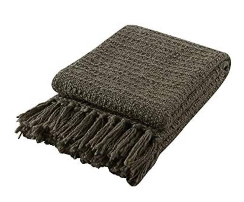 Thick Chunky Olive Knitted Throw Blanket for Couch Chair Sofa Bed, Chic Boho Style Textured Basket Weave Pattern Blanket with Decorative Fringe, 50"X60"
