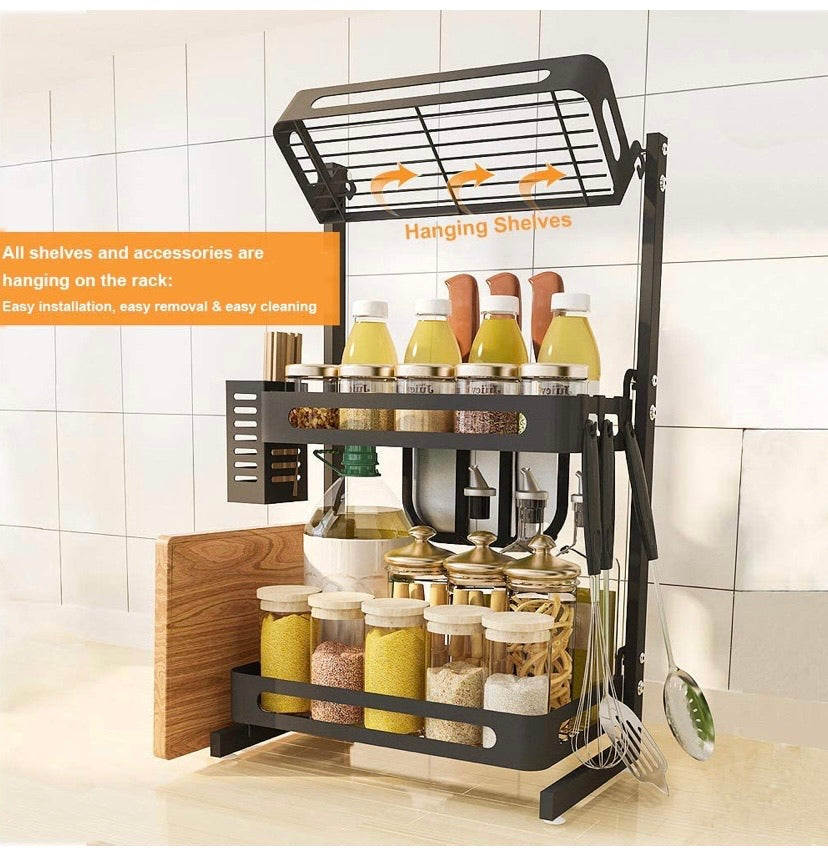 Countertop Spice Rack Set, Stainless Steel Kitchen Cabinet Shelf Organizer, Easy Removable Storage Rack with Knife Holder, Cutting Board Holder and Cutlery Holder, Matte Black (3 Tier)