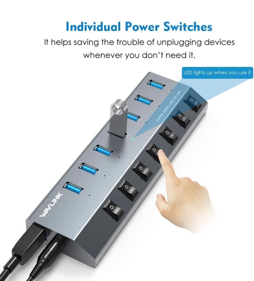 Aluminum BC 1.2 Charging 7 Ports USB 3.0 Hub,Charging Up to 5V/2.4A,Individual LED Power Switches with 48W Power Adapter for MacBook, iPad, PS4,Surface Pro, Mobile,Laptop, HDD and More