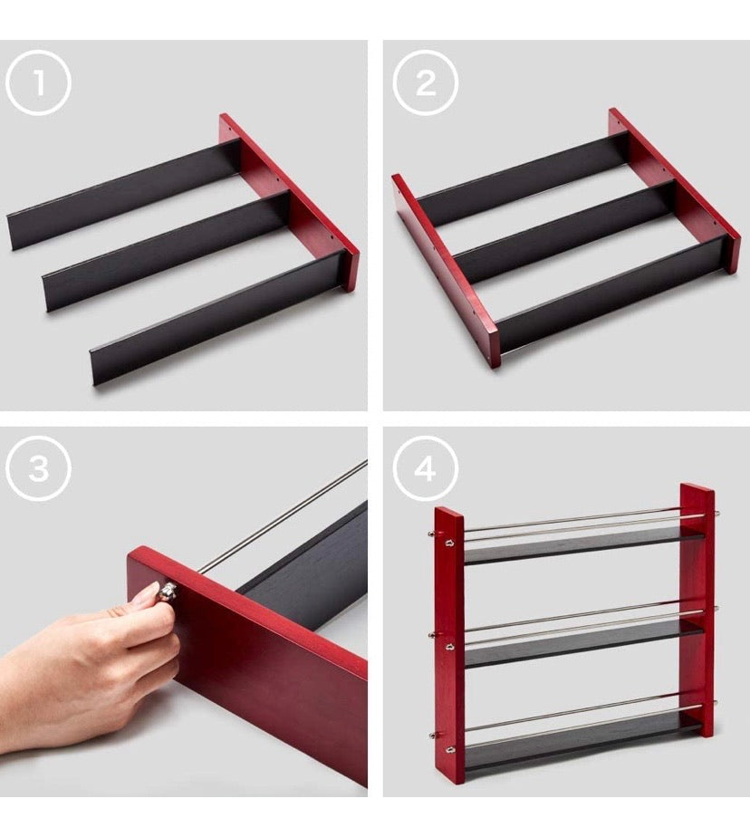 Wood Spice Rack with 21 Empty Jars and Labels, 3 Tier Freestanding Organizer Shelf Display Stand with Rails for Countertop, Cabinet, Kitchen, Pantry - Red and Black