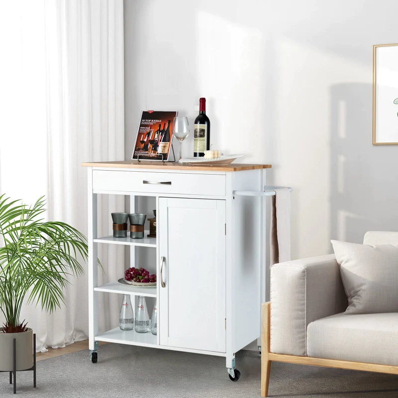 Kitchen Island Trolley Mobile Kitchen Storage Cabinet w/Rubber Wood Top & 3-Tier Open Shelf Serving Cart, White