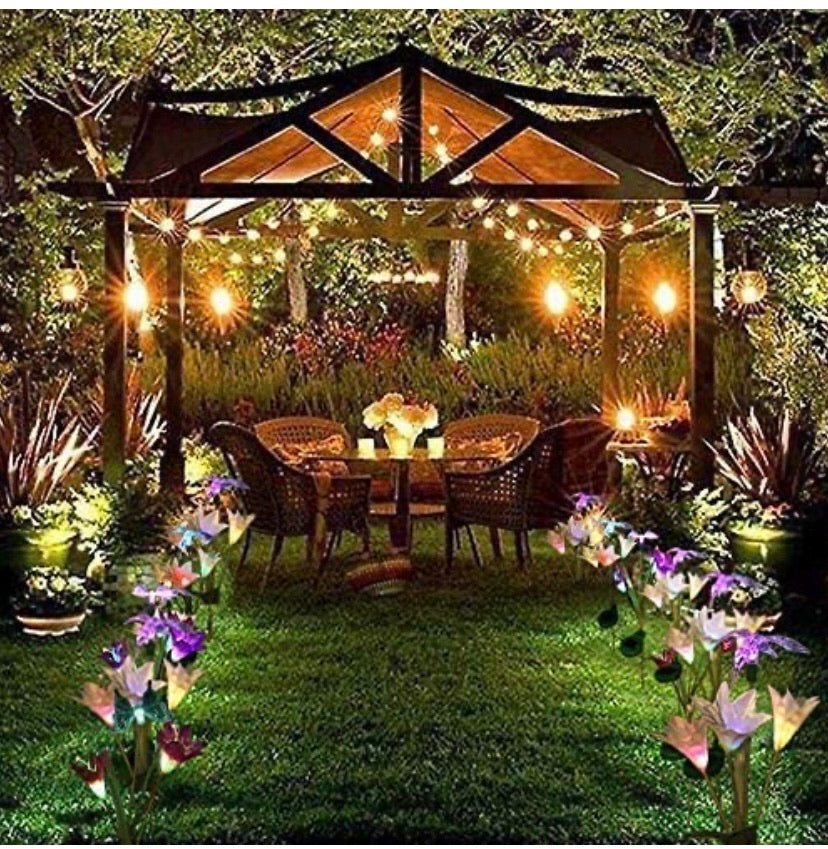 2 PCS Solar Garden Lights Outdoor, Garden Decor with 6 Lily Flower and Butterflies Combination Decorative Lights Multi-Color Changing LED Solar Stake Lights for Path, Yard, Yard Art, Yard Decorations.
