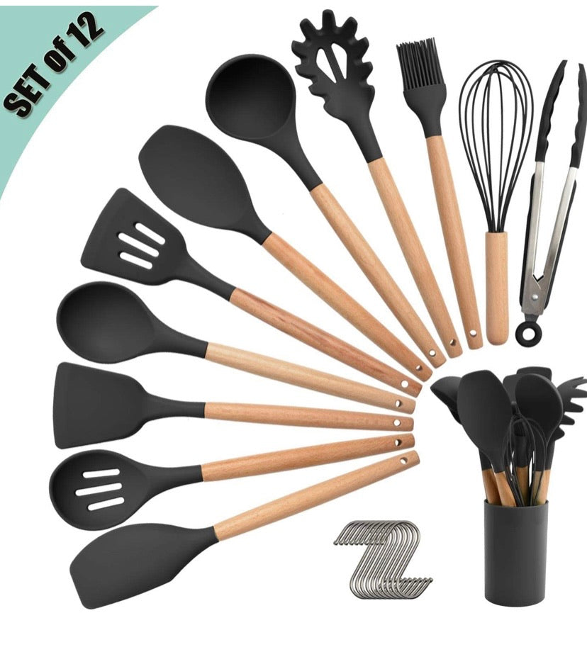 Silicone Kitchen Utensil Set, Cooking Spatulas Soup Ladle Slotted Spoon Turner Pasta Server Basting Brush Tongs Whisk Wooden Handle Heat Resistant Cookware Non-Stick Kitchen Gadgets Tools 12 Pcs