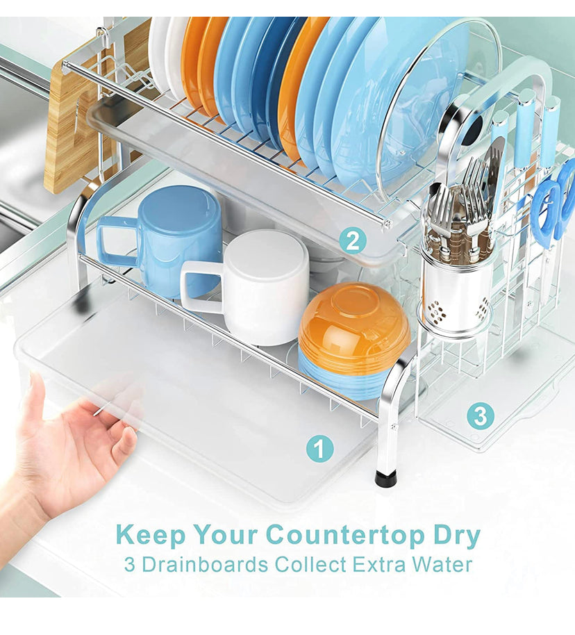 Dish Drying Rack, Haundry Stainless Steel 2-Tier Dish Rack with Utensil Holder, Cutting Board Holder and Dish Drainer for Kitchen Counter, Silver/ black
