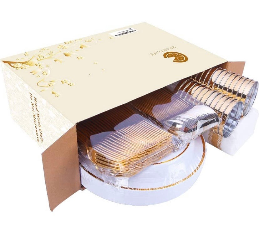 200 Pieces Disposable Dinnerware Set Include Gold Plastic Plates, Gold Plastic Silverware, Gold Plastic Cups, Linen Like Paper Napkins, Service for 25 Guests, Enjoylife (Gold)