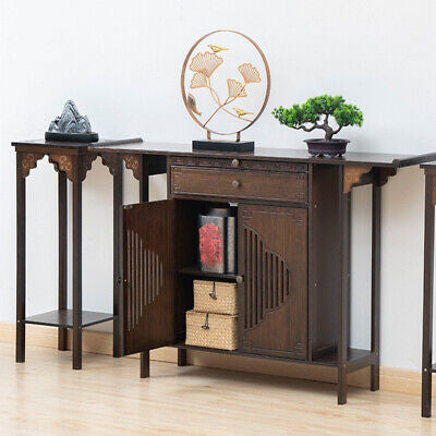 Bamboo Console Table Chinese Style Vintage Porch Table w/ Cabinet Hallway Table