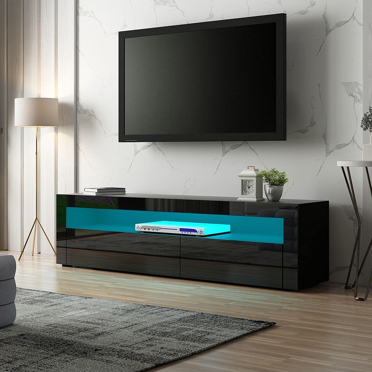 TV Cabinet Stand LED Light TV Entertainment Unit Wood Storage Shelf 2 Doors Black 155CM