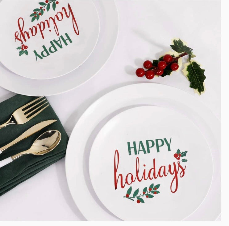 150pcs Plastic Party Dinnerware Set, Happy Holiday Plates,Plastic Plates with Christmas Design,Gold Cutlery with White handle,Supernal