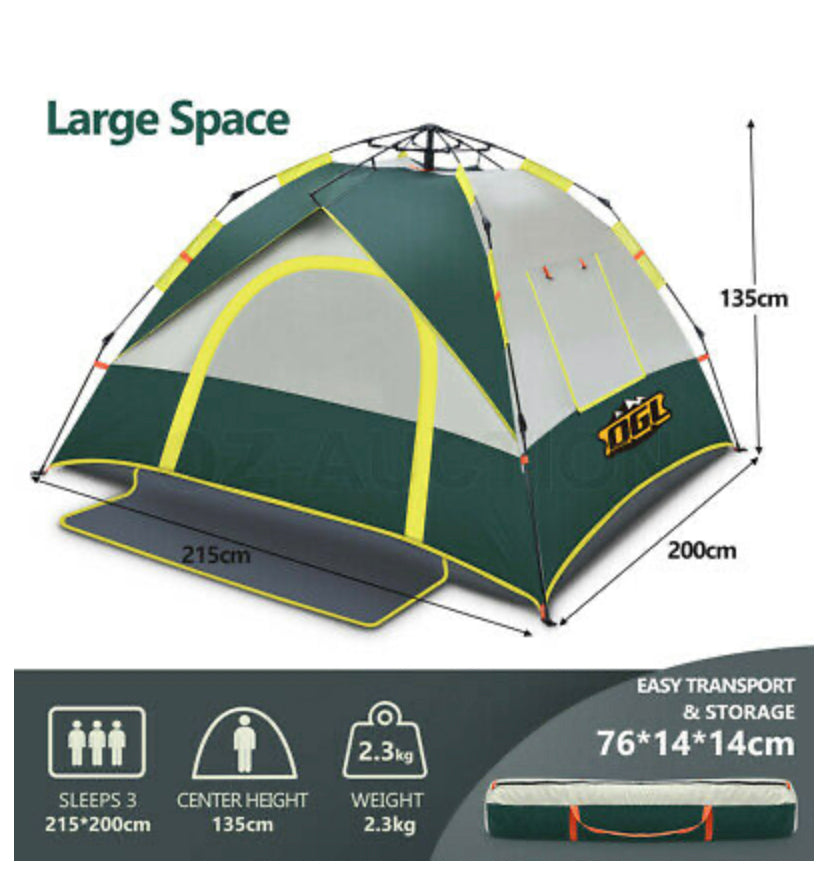 3 Person Pop Up Camping Tent Portable Beach Instant Shelter Sun Shade Hiking