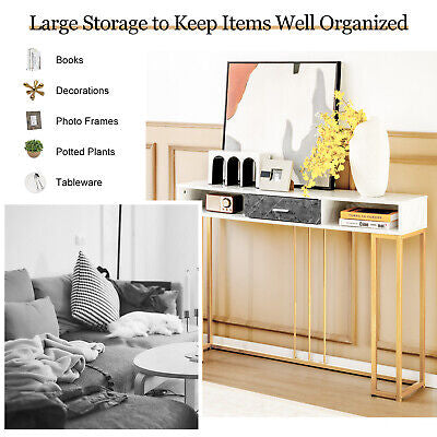 Console Table 2-Tier Sofa Side Hallway Table w/ Drawer & Faux Marble Top