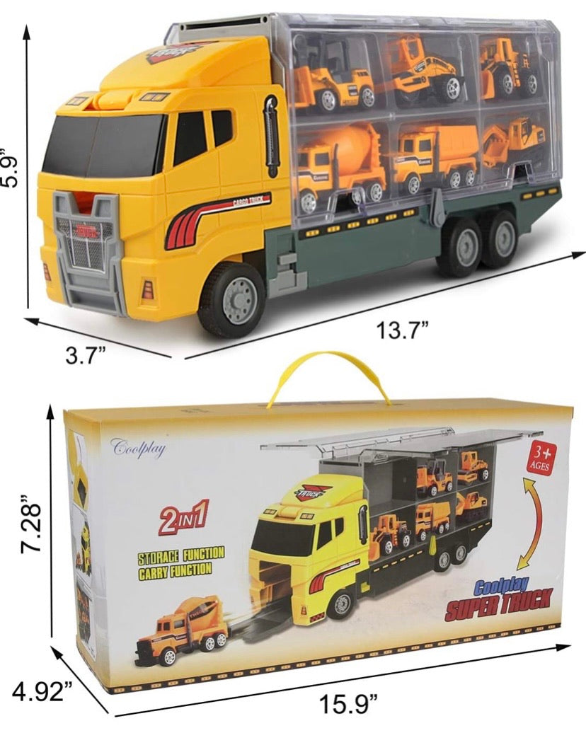 Coolplay 11 in 1 Die-cast Construction Vehicle Mini Engineering Truck Toy Set in Carrier Truck Play set for Boys, Mini Dumper, Bulldozers, Forklift, Tank Truck, Asphalt Car and Excavator for Kids