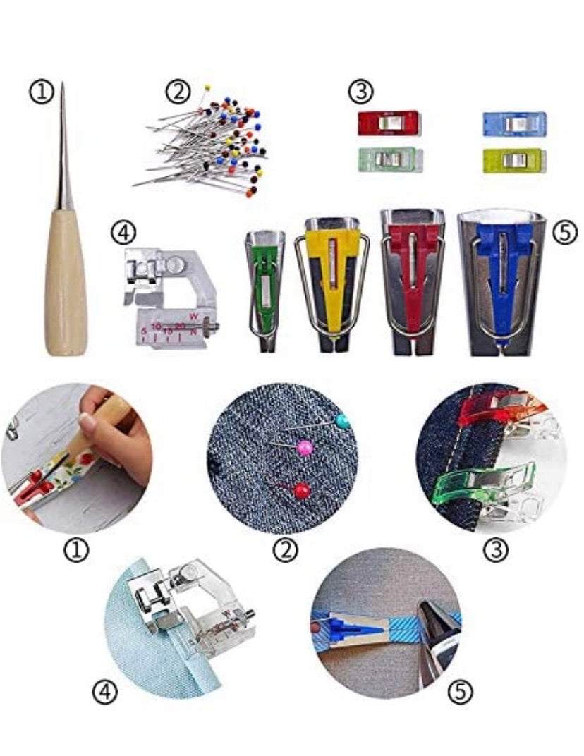 Fabric Bias Tape Maker Kit for Sewing Quilting Awl and Adjustable Binder Foot w/Case (Set of 16)