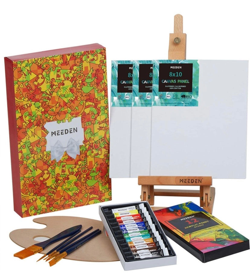 MEEDEN 22 Pcs Acrylic Painting Set with 16.8'' Tabletop Easel, 12 Colors Acrylic Paints, 3 Canvas Panels, 5 Paint Brushes & Wooden Palette