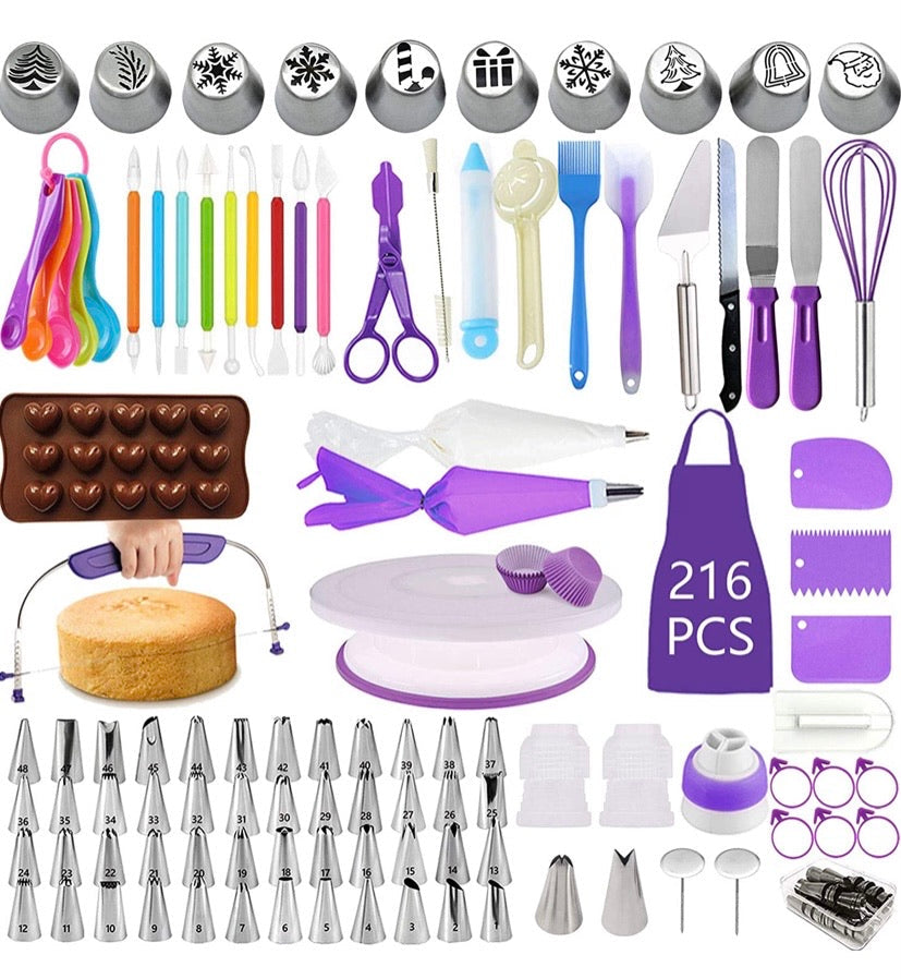 Cake Decorating Supplies Kit, Set of 216, Baking Pastry Tools, Cake Turntable, Cake Leveller, Numbered Icing Tips with Pattern Chart, Angled Spatula, 10 Christmas Piping nozzles-Baking Tools