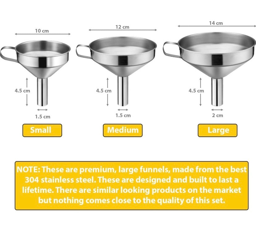 Funnels For Kitchen | 3pc Stainless Steel Kitchen Funnel Set Plus Detachable Strainer | Great for Transferring of Liquid and Dry Ingredients | Durable and Dishwasher Safe | Premium 304 Stainless Steel - Thick and Strong - Will Not Rust