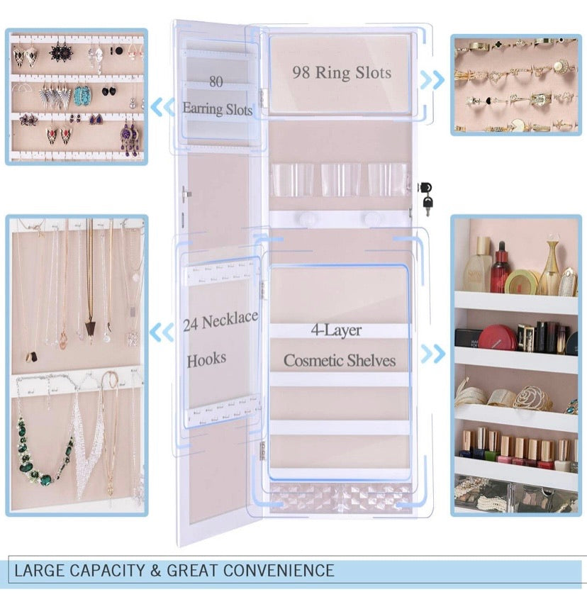 LED Light Jewellery Cabinet Standing full Screen Mirror Makeup Lockable Armoire, Large Cosmetic Storage Organizer w/Brush Holder white