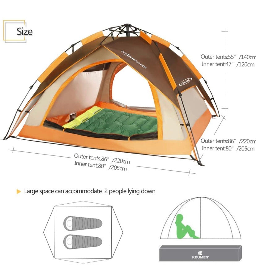 Automatic Camping Tent 2 3 Person - Portable Dome Quick Up Tent (Brown)