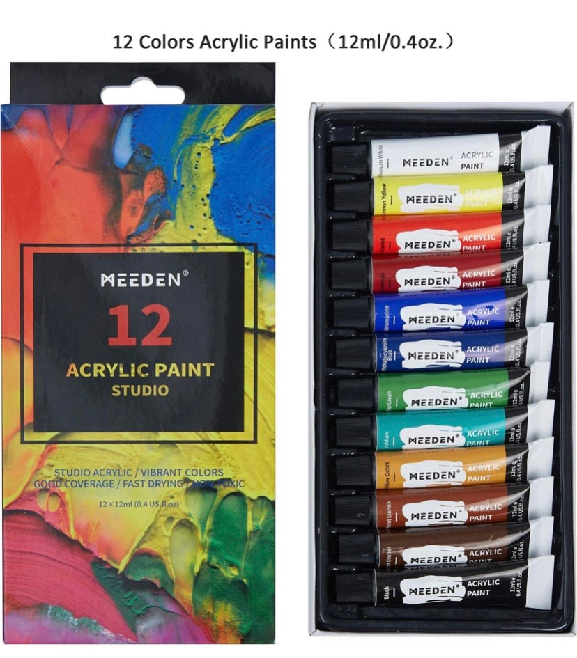 MEEDEN 22 Pcs Acrylic Painting Set with 16.8'' Tabletop Easel, 12 Colors Acrylic Paints, 3 Canvas Panels, 5 Paint Brushes & Wooden Palette