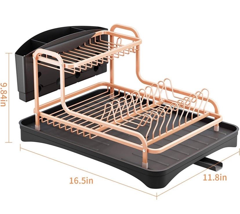 Dish Drying Rack, Aluminium Rust Proof Dish Rack and Drainboard Set with Removable Cutlery Holder and 360 Swivel Spout Drain Board for Kitchen Counter (Rose Gold, 2 Tier)