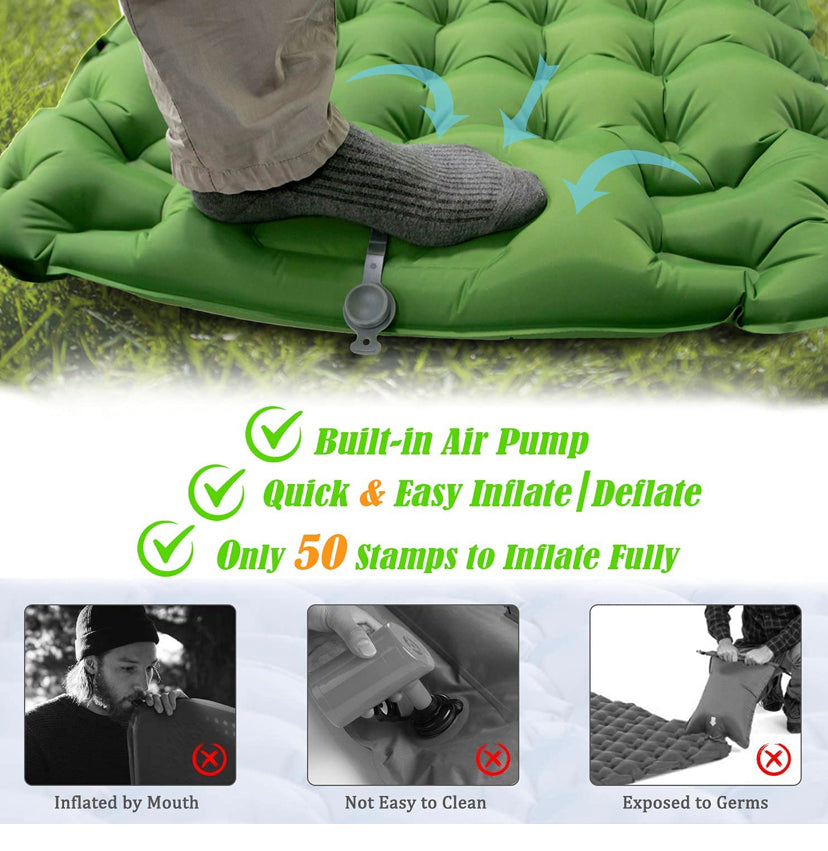 Camping Self-Inflating Air Sleeping Pad Mat Foot Pump with Pillow, Great Compact Air Sleeping Pad for Tent Travel, Backpacking, Hiking, Sleeping Over (Green)